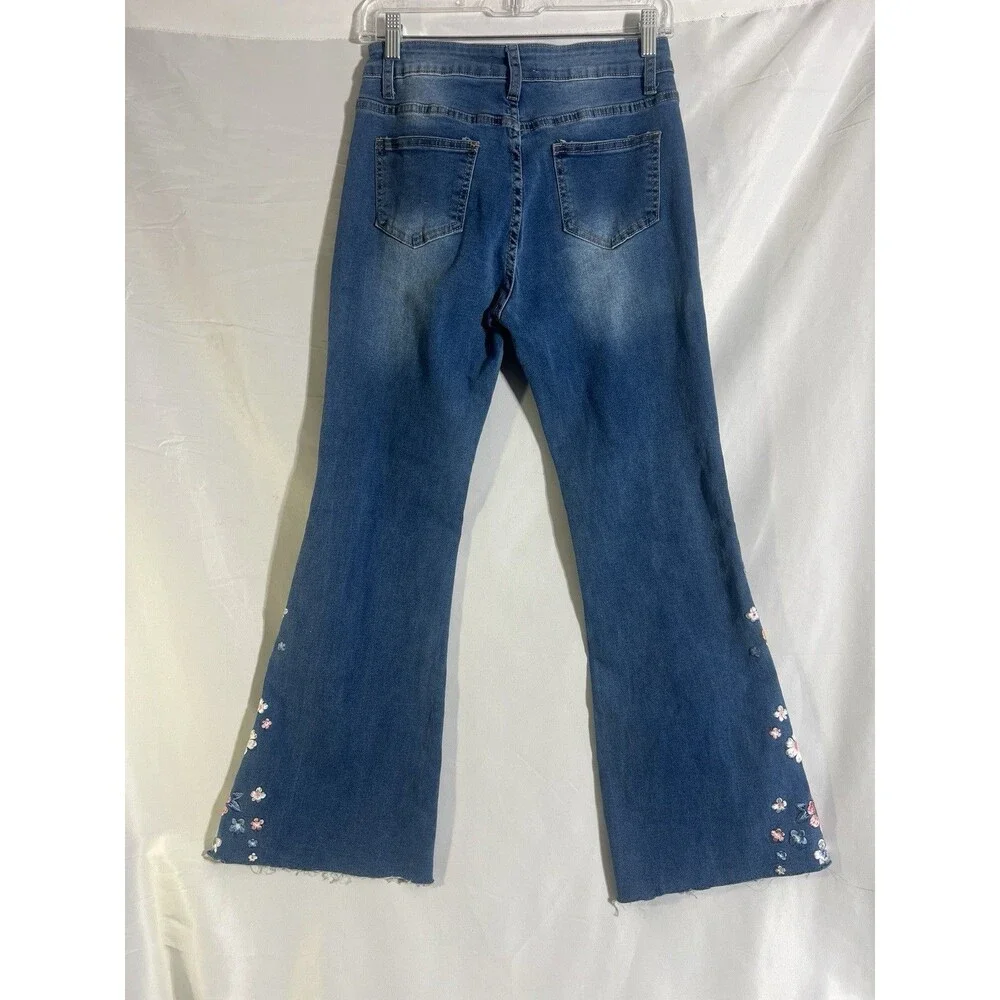 Bamboo Women's Denim 9 Floral Embroidery Bell Bottom Jeans Boho Festival